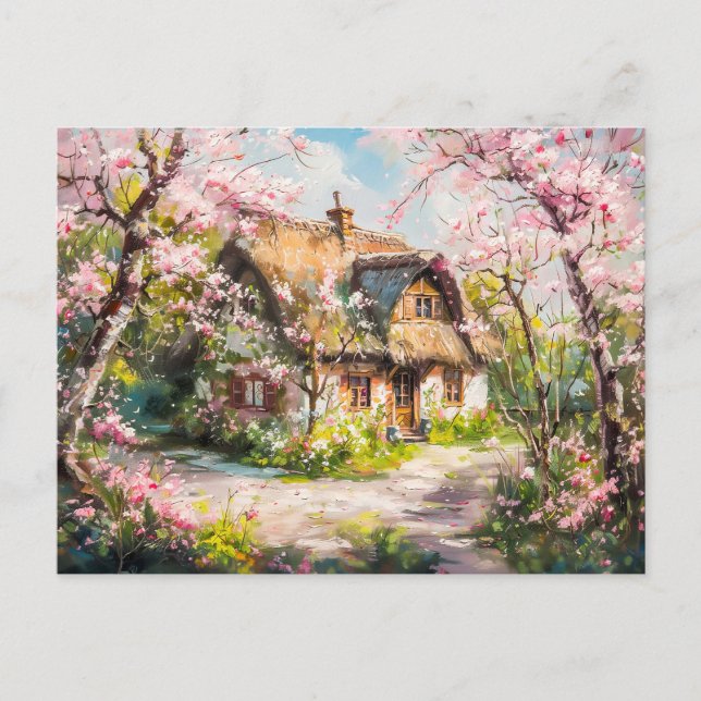 Spring Cottage with Blossoming Fruit Trees Postcard (Front)