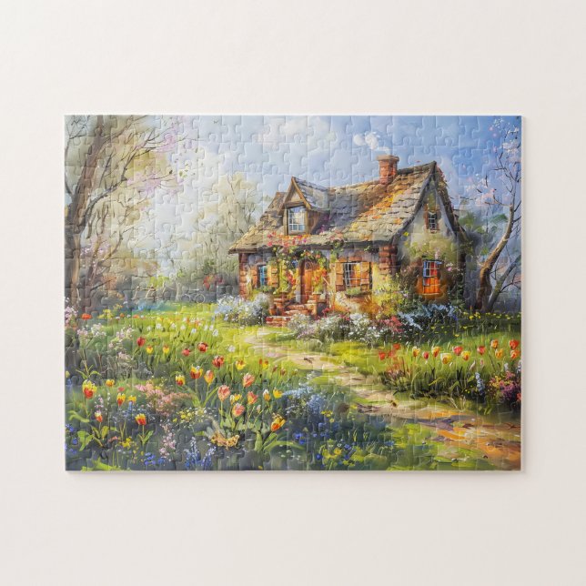 Spring Cottage with tulips Wildflower Meadow Jigsaw Puzzle (Horizontal)