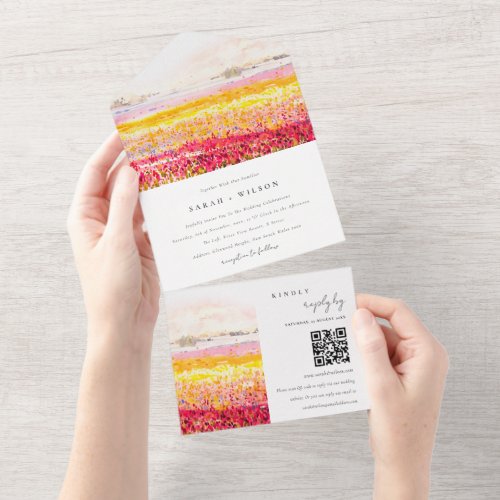 Spring Country Floral Landscape Wedding QR Code All In One Invitation