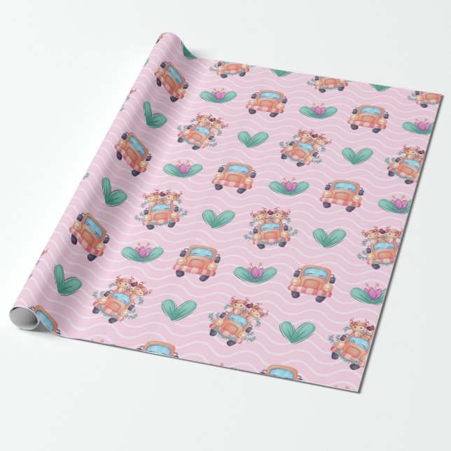 Spring Cow Buddies Pattern Wrapping Paper (Unrolled)