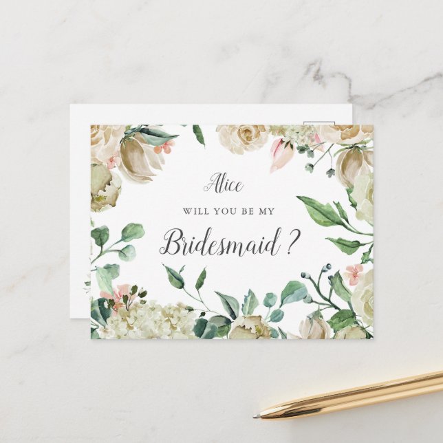 Spring Cream Garden Floral Bridesmaid Postcard (Front/Back In Situ)