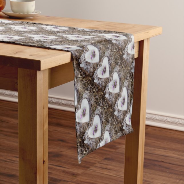 Spring crocus in snow heart photograph short table runner (In Situ)