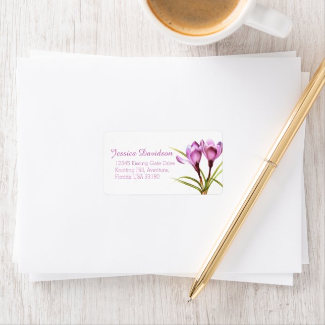 Spring crocus purple wedding reply address label (Insitu)