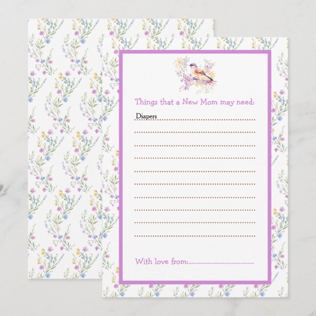 Spring Cute Bird Baby Shower advice list Invitation (Front/Back)