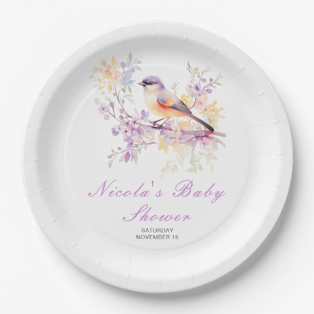 Spring Cute Bird Baby Shower Paper Plates (Front)