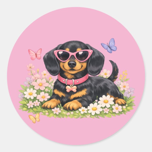 Spring Cute Dachshund in Flower Fields Classic Round Sticker (Front)