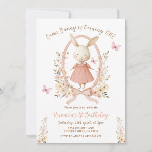 Spring Cute Floral Bunny Rabbit 1st Birthday Invitation