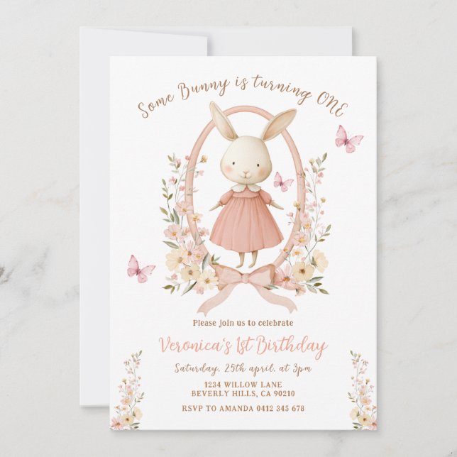 Spring Cute Floral Bunny Rabbit 1st Birthday  Invitation (Front)