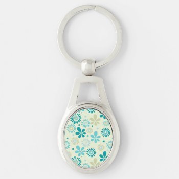 Spring Cute Teal Blue Abstract Flowers Pattern Keychain by ZeraDesign at Zazzle