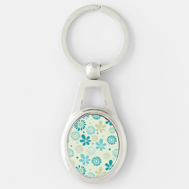 Spring Cute Teal Blue Abstract Flowers Pattern Keychain (Front)