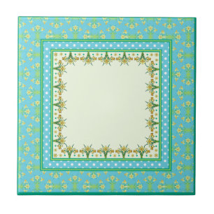 Spring Daffodil Border and Polka Dots Ceramic Tile