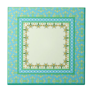 Spring Daffodil Border and Polka Dots Ceramic Tile