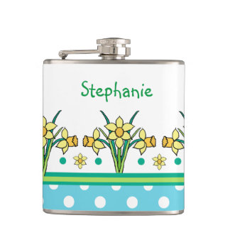Spring Daffodil Border and Polka Dots Hip Flask