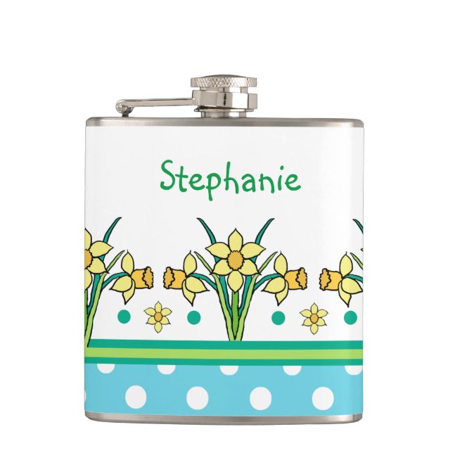 Spring Daffodil Border and Polka Dots Hip Flask (Front)