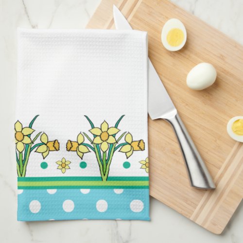 Spring Daffodil Border Polka Dots Kitchen Towel