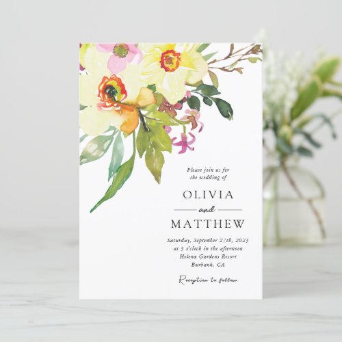 Spring Daffodil Bouquet Watercolor Floral Wedding Invitation
