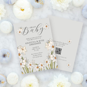 Spring Daffodil QR Code Hello Baby Shower Invitation