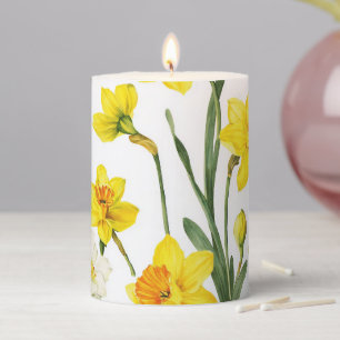 Spring Daffodil Watercolor Botanical Art White  Pillar Candle