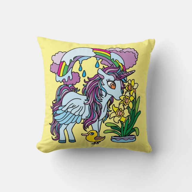 Spring Daffodils and Unicorn Throw Pillow (Front)