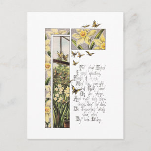 Spring Daffodils & Butterflies Vintage Easter Holiday Postcard