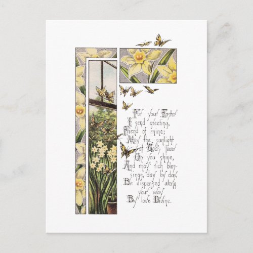 Spring Daffodils  Butterflies Vintage Easter Holiday Postcard