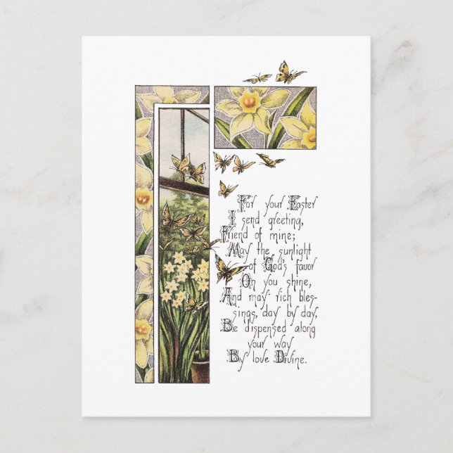 Spring Daffodils & Butterflies Vintage Easter Holiday Postcard (Front)