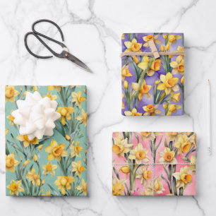 Spring Daffodils Mint green, Pink, Purple Wrapping Paper Sheets