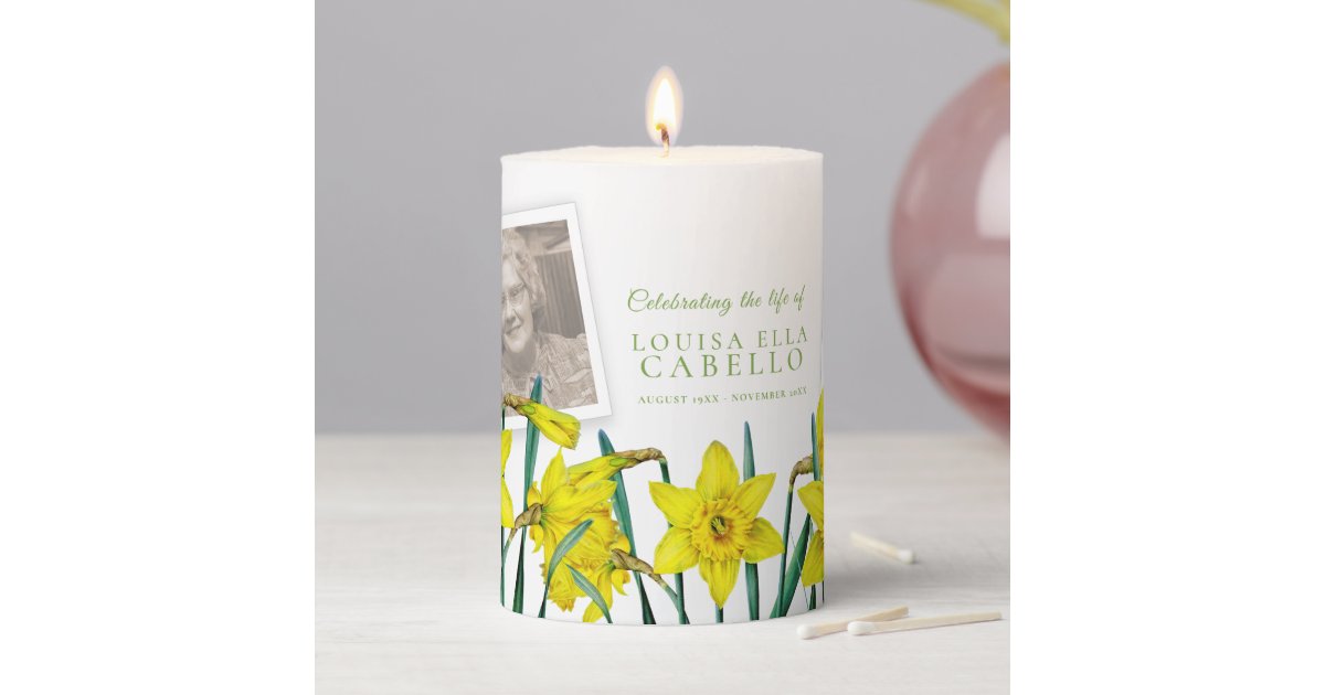 Spring daffodils photo memorial funeral pillar candle Zazzle