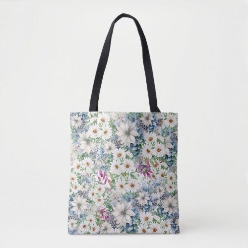 Spring Daisies  Blue Floral Pattern Tote Bag