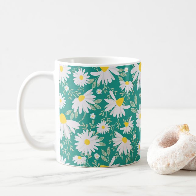 Spring Daisies - Bright Green Coffee Mug (With Donut)