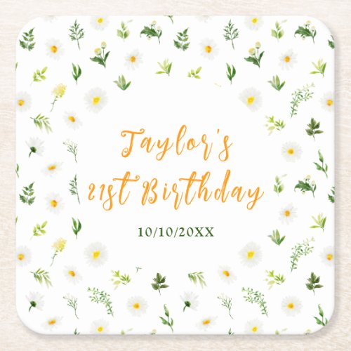 Spring Daisies Floral Birthday Square Paper Coaster