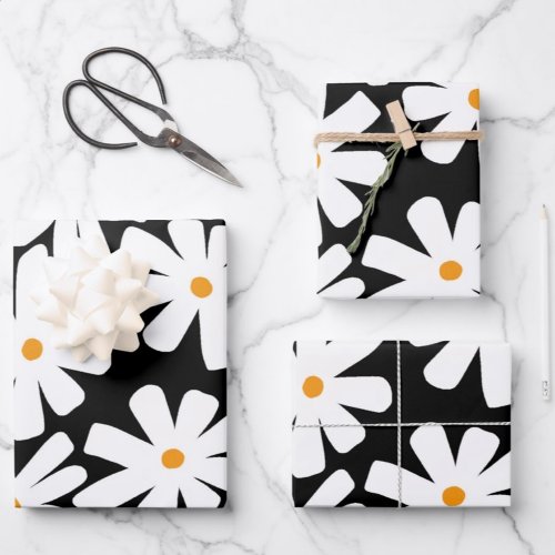 Spring daisies floral retro pattern black  wrapping paper sheets