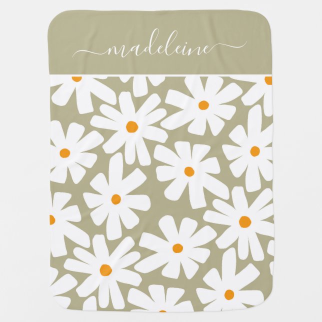 Spring daisies floral retro pattern sage custom baby blanket (Front)