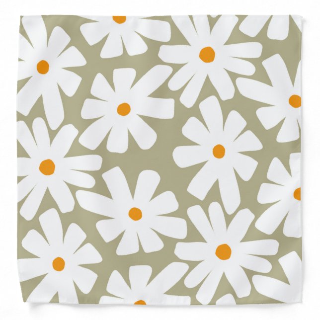 Spring daisies floral retro pattern sage green bandana (Front)