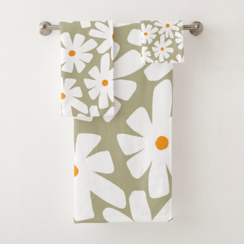 Spring daisies floral retro pattern sage green bath towel set