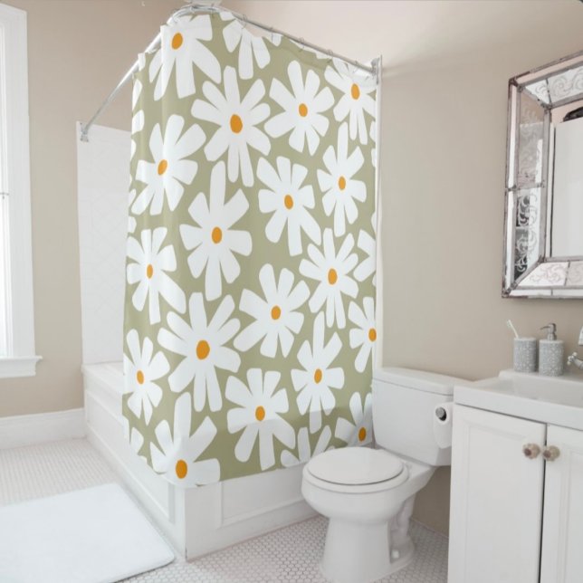 Spring daisies floral retro pattern sage green shower curtain (Creator Uploaded)