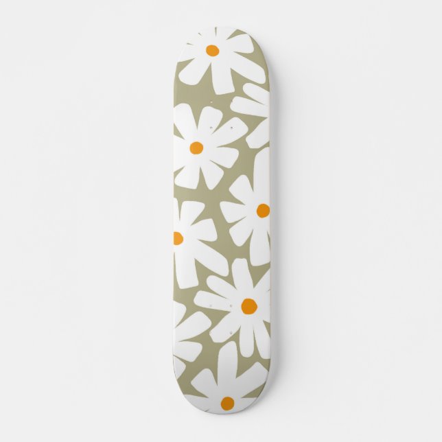 Spring daisies floral retro pattern sage green skateboard (Front)