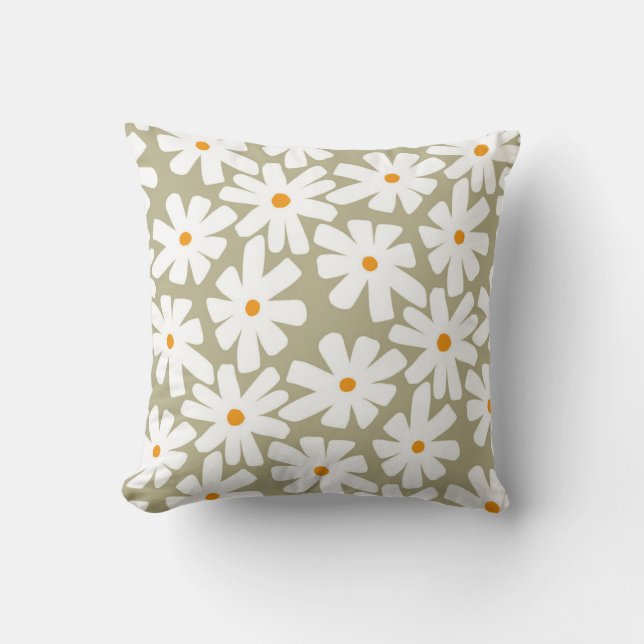 Spring daisies floral retro pattern sage green throw pillow (Front)