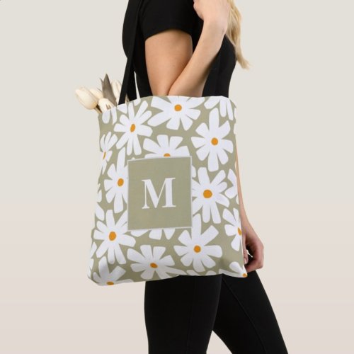 Spring daisies floral retro pattern sage green  tote bag