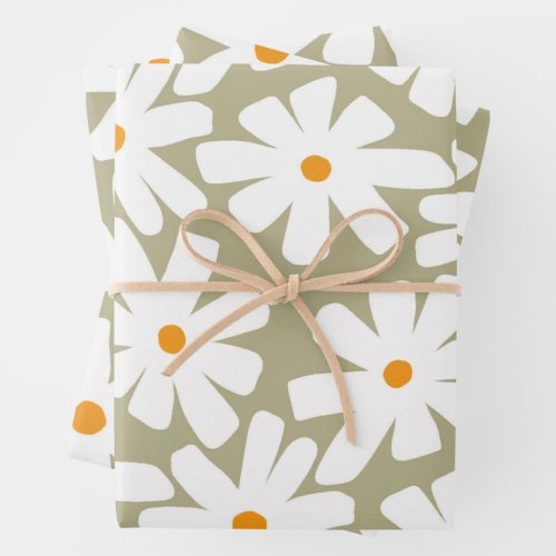 Spring daisies floral retro pattern sage green wrapping paper sheets