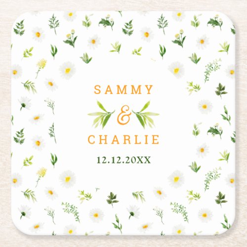 Spring Daisies Floral Wedding Square Paper Coaster
