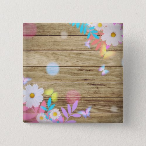 Spring Daisies Foliage and Butterflies on Wood Button