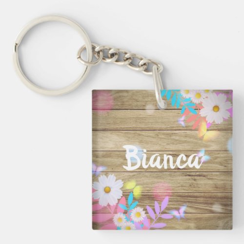 Spring Daisies Foliage and Butterflies on Wood Keychain