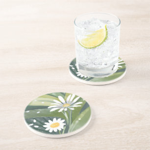 Spring Daisies Watercolor White Floral Garden Coaster