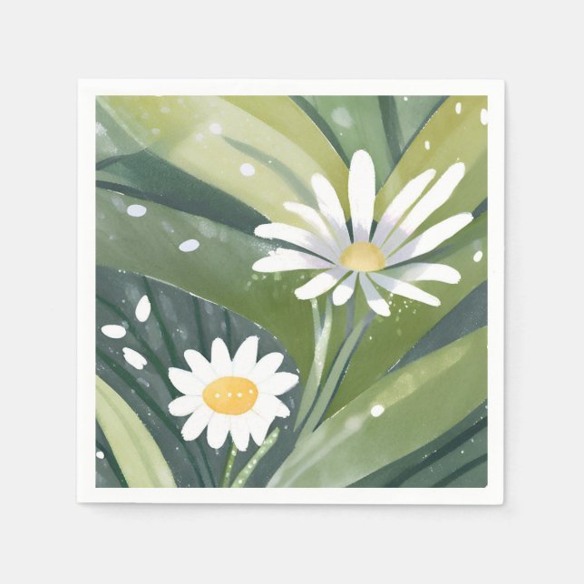 Spring Daisies | Watercolor White Floral Garden Napkins (Front)
