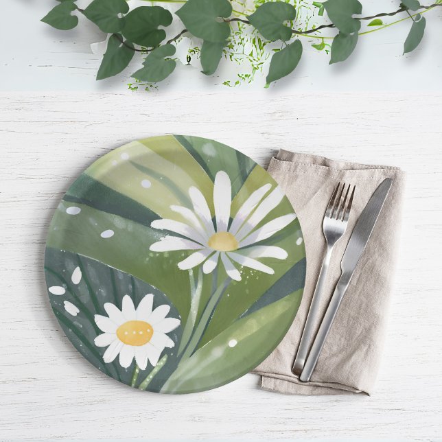 Spring Daisies | Watercolor White Floral Garden Paper Plates (Creator Uploaded)