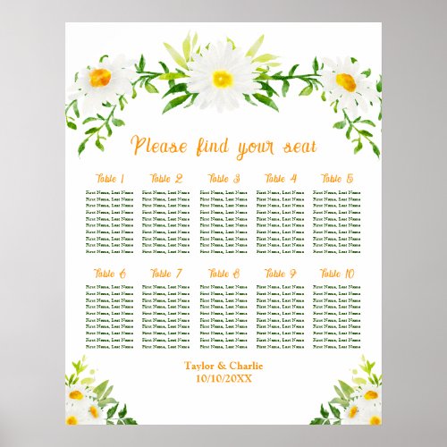 Spring Daisies Wedding 10 Tables Seating Chart