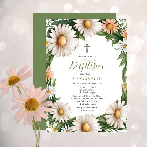 Spring Daisy Blooms Girl Floral Baptism Invitation