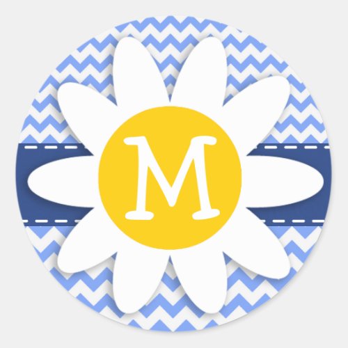 Spring Daisy Blue Chevron Pattern Classic Round Sticker