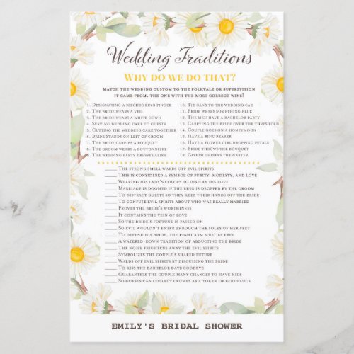 Spring Daisy Flower Bridal Shower Game PRINTED